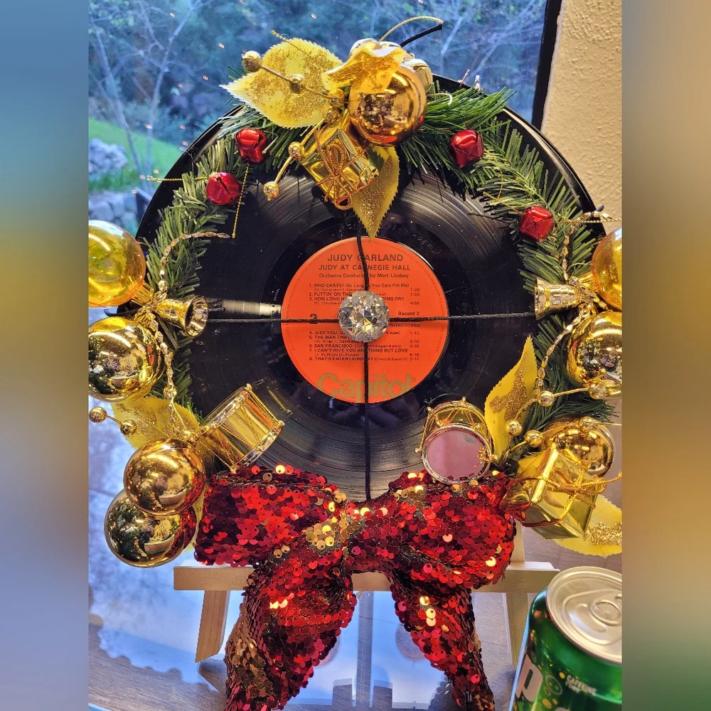 Festive Vinyl Record Holiday Wreath with Gold and Red Accents